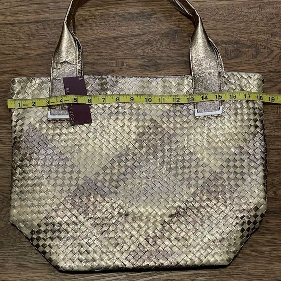 NWT  Elliott Lucca INTRECCIO Woven Metallic Shoulder Bag Tote Pewter Gold Silver - Picture 9 of 14